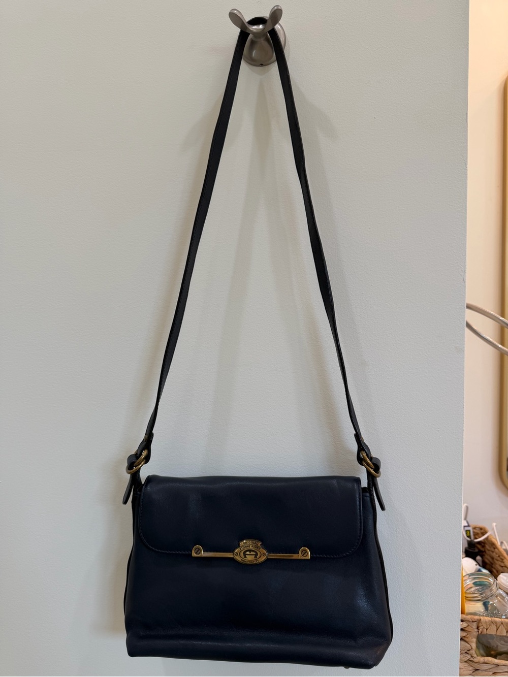 Navy Blue Leather Shoulder Bag with Brass Hardware in great condition